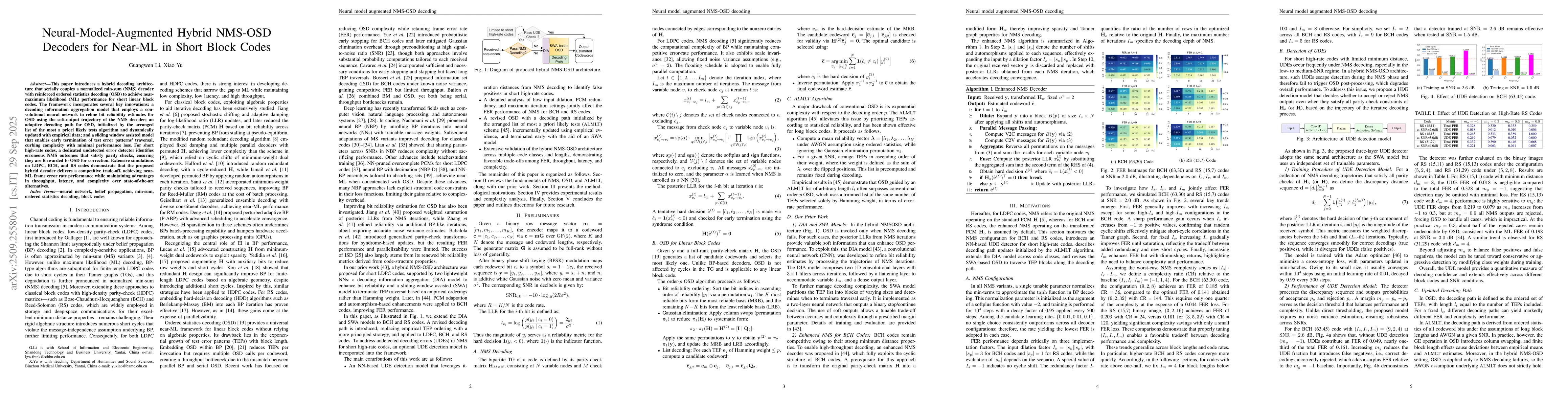 Thumbnail for Neural-Model-Augmented Hybrid NMS-OSD Decoders for Near-ML in Short
  Block Codes