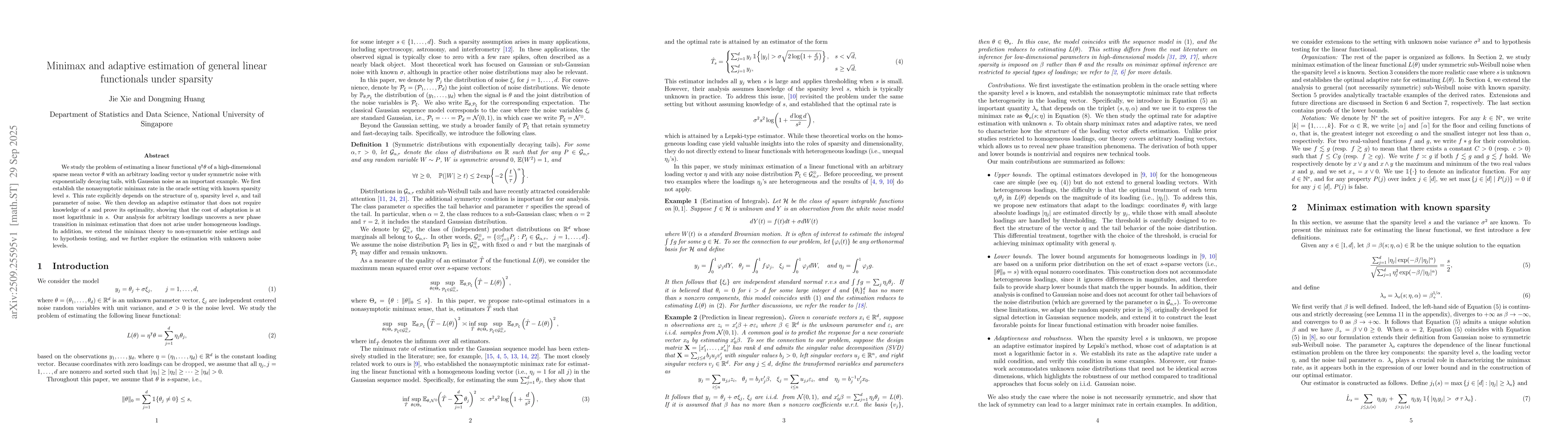 Thumbnail for Minimax and adaptive estimation of general linear functionals under
  sparsity