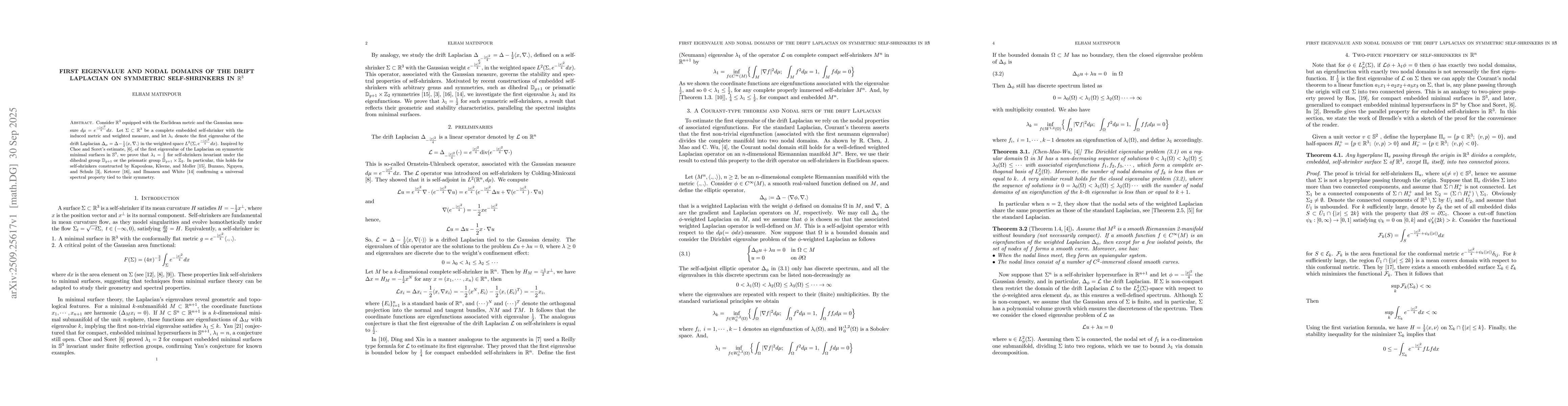 Thumbnail for First eigenvalue and nodal domains of the drift Laplacian on symmetric
  self-shrinkers in $\mathbb{R}^3$