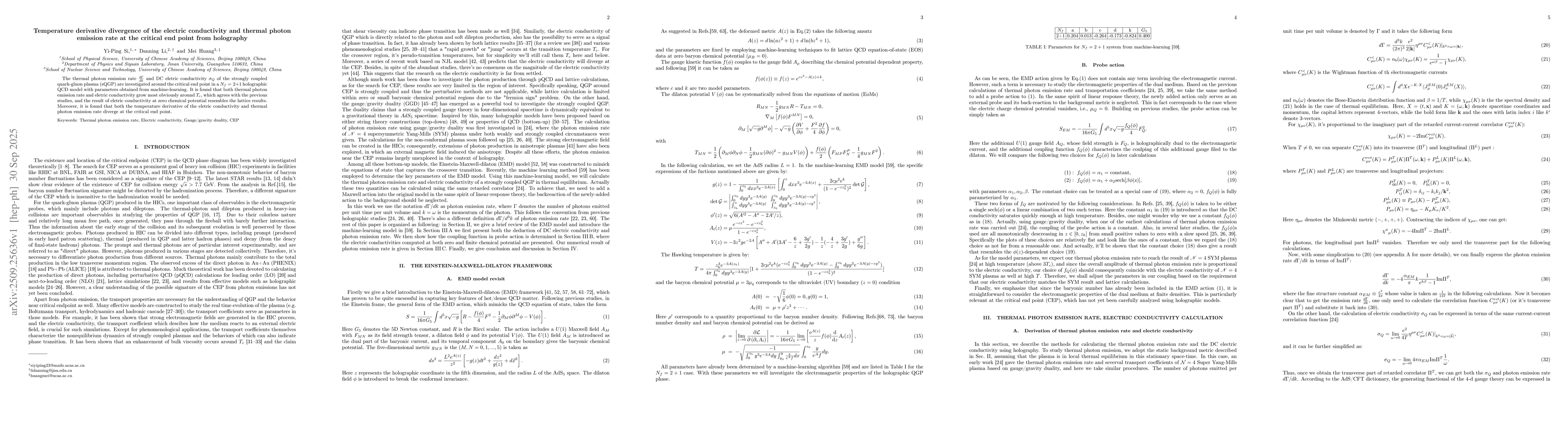 Thumbnail for Temperature derivative divergence of the electric conductivity and
  thermal photon emission rate at the critical end point from holography
