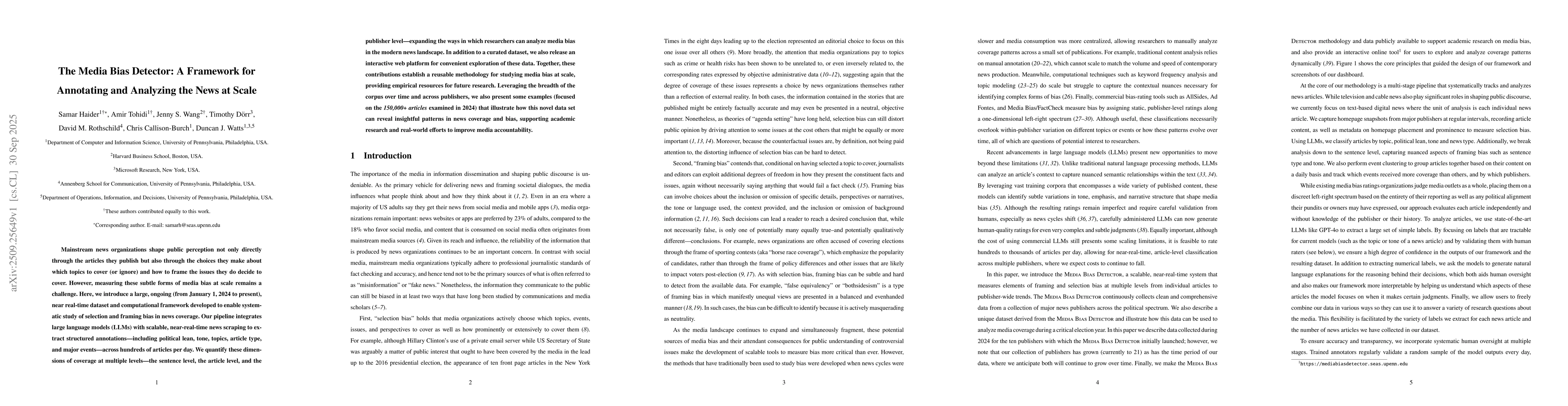 Thumbnail for The Media Bias Detector: A Framework for Annotating and Analyzing the
  News at Scale