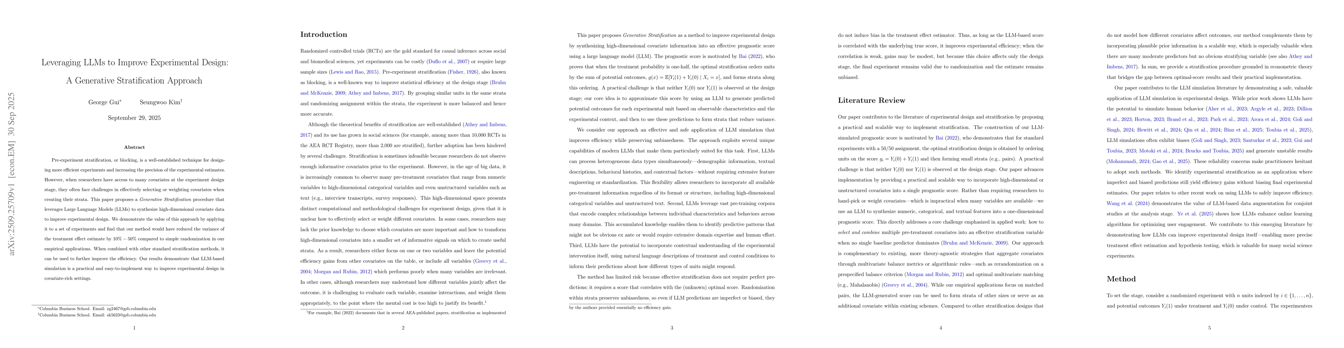 Thumbnail for Leveraging LLMs to Improve Experimental Design: A Generative
  Stratification Approach
