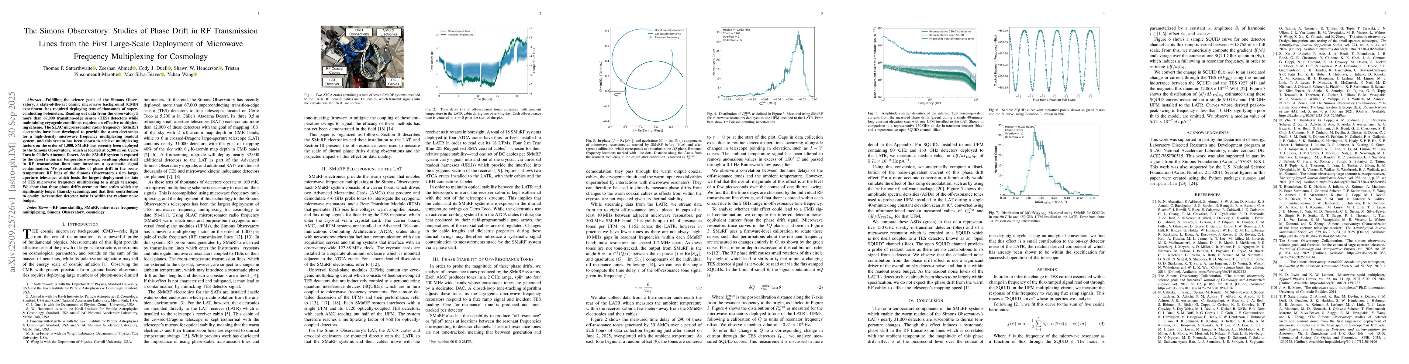 Thumbnail for The Simons Observatory: Studies of Phase Drift in RF Transmission Lines
  from the First Large-Scale Deployment of Microwave Frequency Multiplexing for
  Cosmology