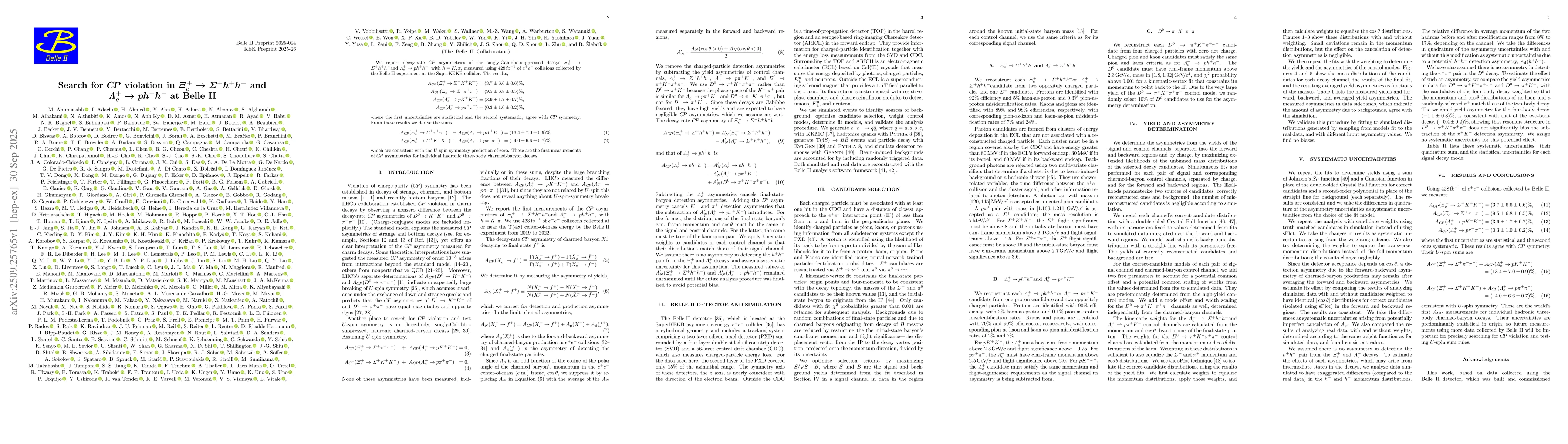 Thumbnail for Search for $CP$ violation in $Ξ_c^+\toΣ^+h^+h^-$ and
  $Λ_c^+\to ph^+h^-$ at Belle II