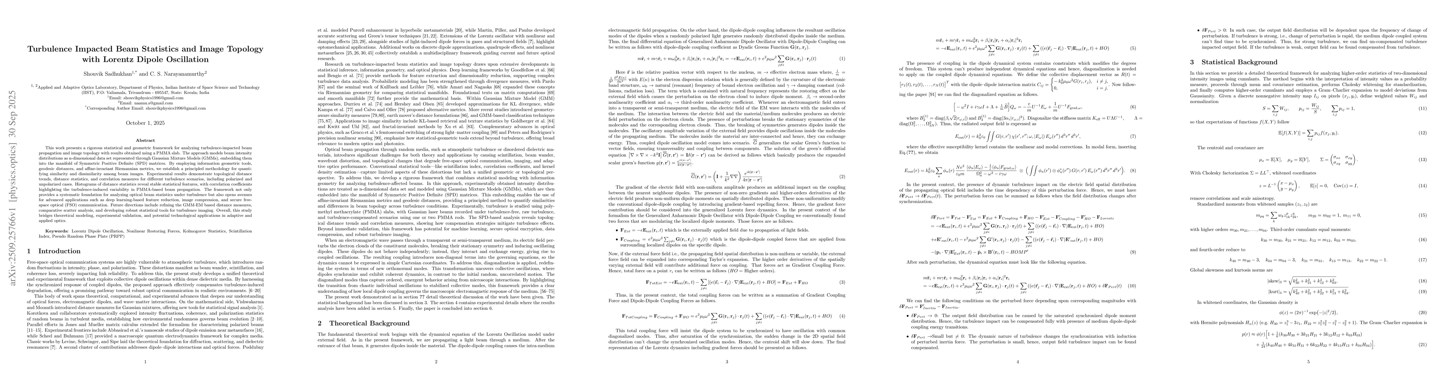 Thumbnail for Turbulence Impacted Beam Statistics and Image Topology with Lorentz
  Dipole Oscillation