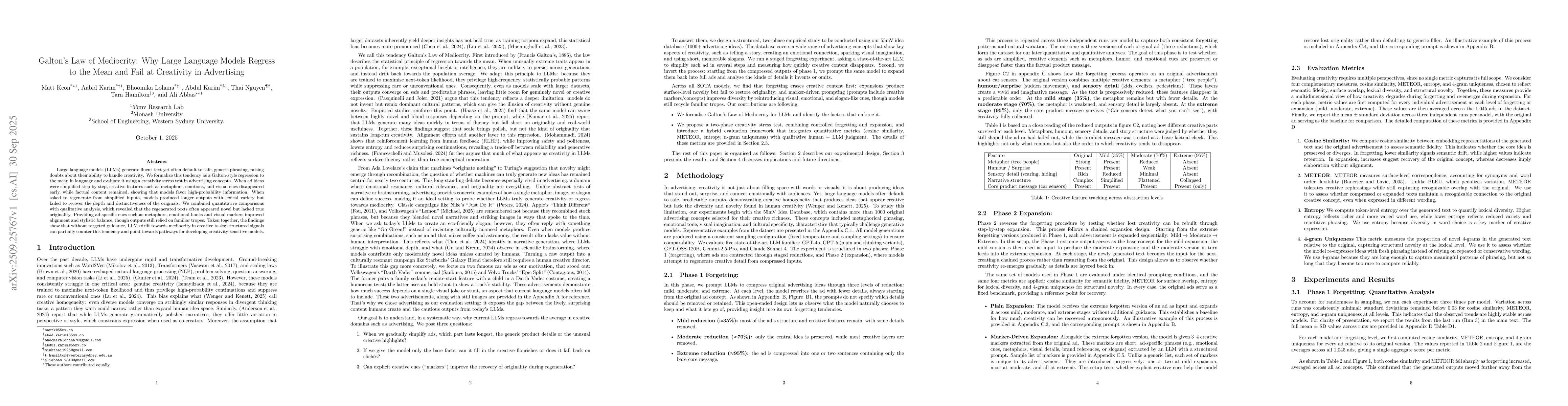 Thumbnail for Galton's Law of Mediocrity: Why Large Language Models Regress to the
  Mean and Fail at Creativity in Advertising