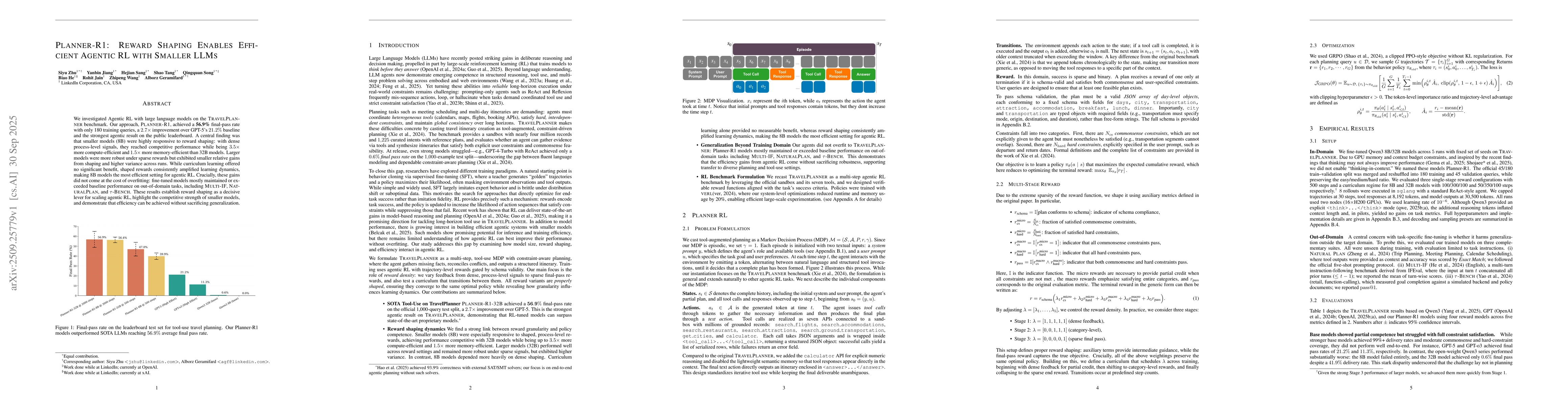 Thumbnail for Planner-R1: Reward Shaping Enables Efficient Agentic RL with Smaller
  LLMs