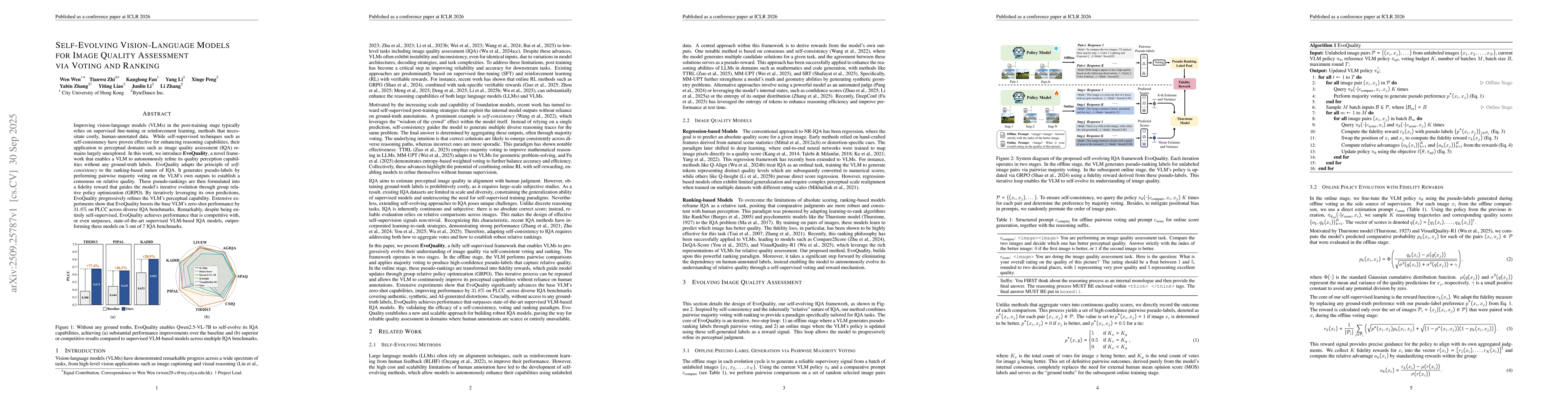 Thumbnail for Self-Evolving Vision-Language Models for Image Quality Assessment via
  Voting and Ranking