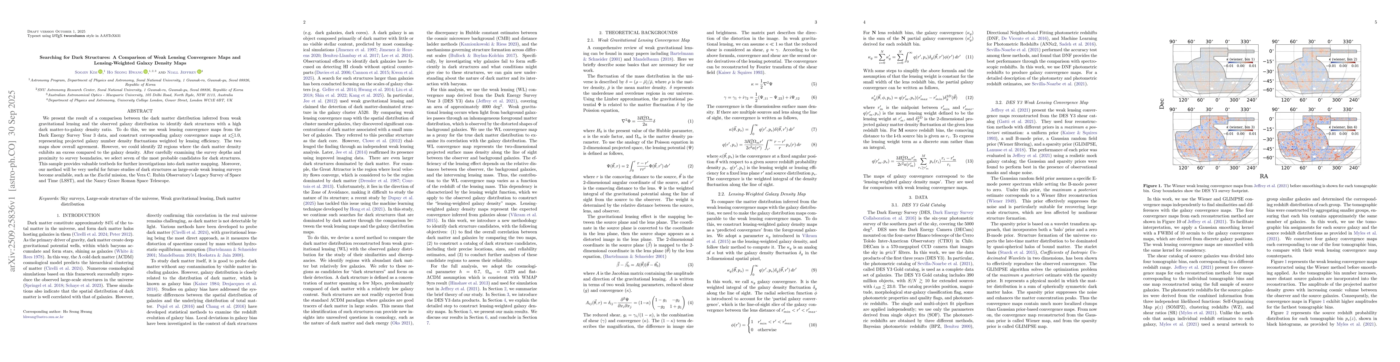 Thumbnail for Searching for Dark Structures: A Comparison of Weak Lensing Convergence
  Maps and Lensing-Weighted Galaxy Density Maps