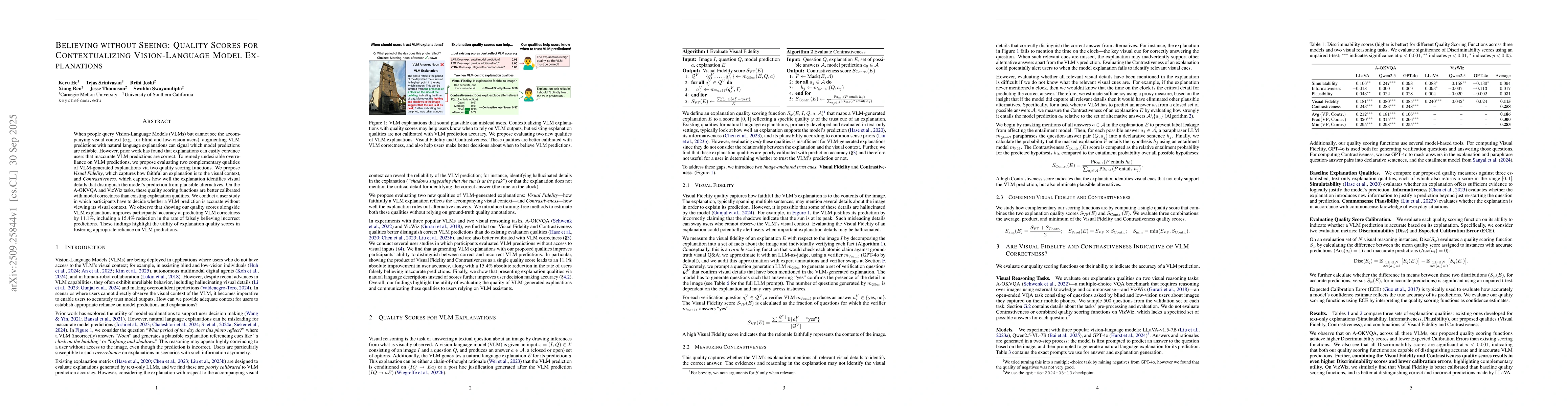 Thumbnail for Believing without Seeing: Quality Scores for Contextualizing
  Vision-Language Model Explanations