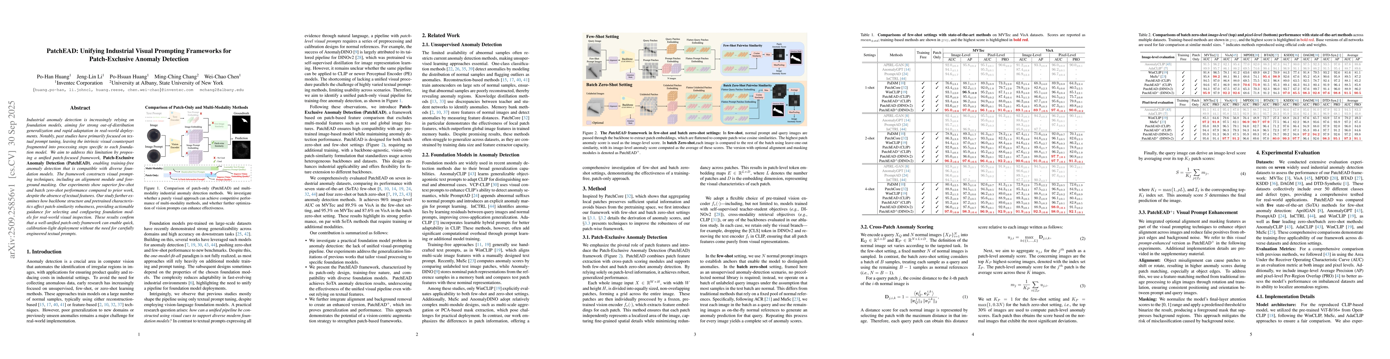 Thumbnail for PatchEAD: Unifying Industrial Visual Prompting Frameworks for
  Patch-Exclusive Anomaly Detection