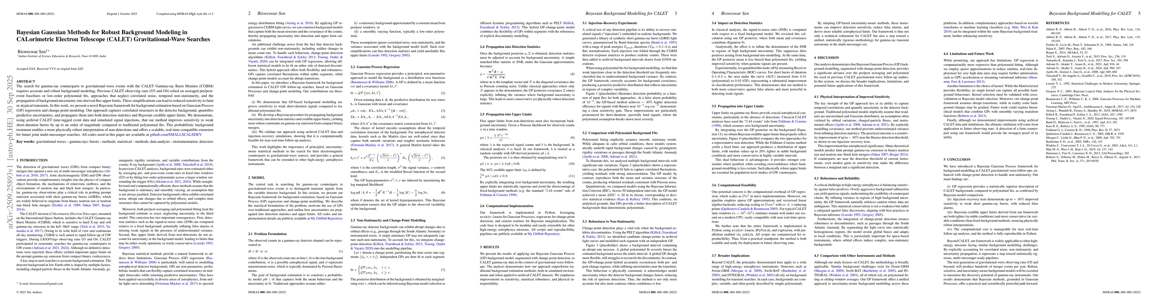 Thumbnail for Bayesian Gaussian Methods for Robust Background Modeling in CALorimetric
  Electron Telescope (CALET) Gravitational-Wave Searches