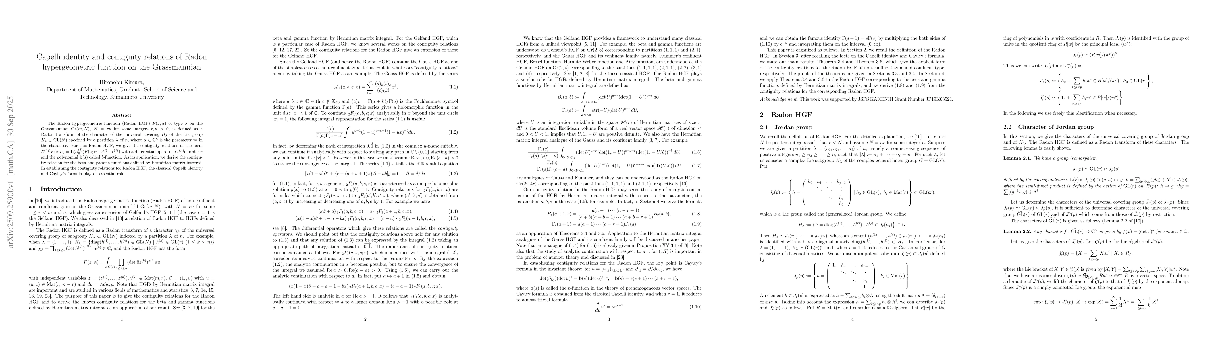Thumbnail for Capelli identity and contiguity relations of Radon hypergeometric
  function on the Grassmannian