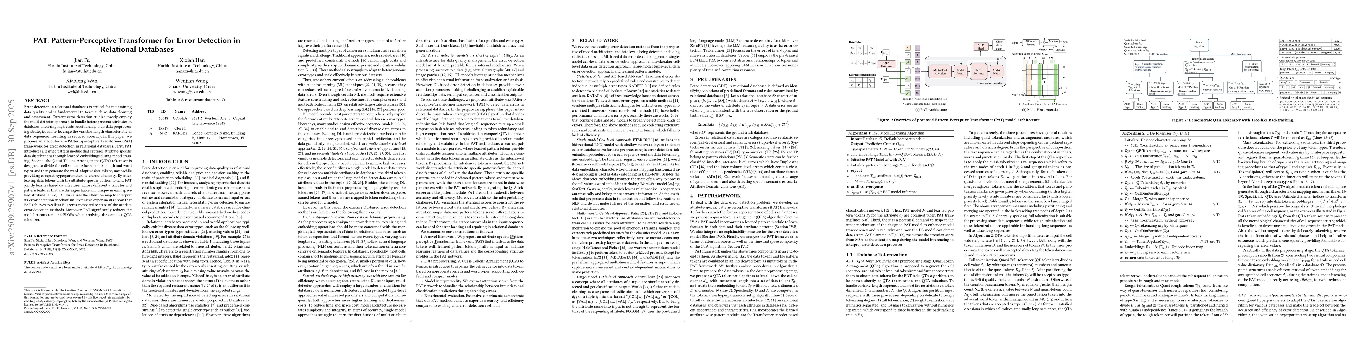 Thumbnail for PAT: Pattern-Perceptive Transformer for Error Detection in Relational
  Databases