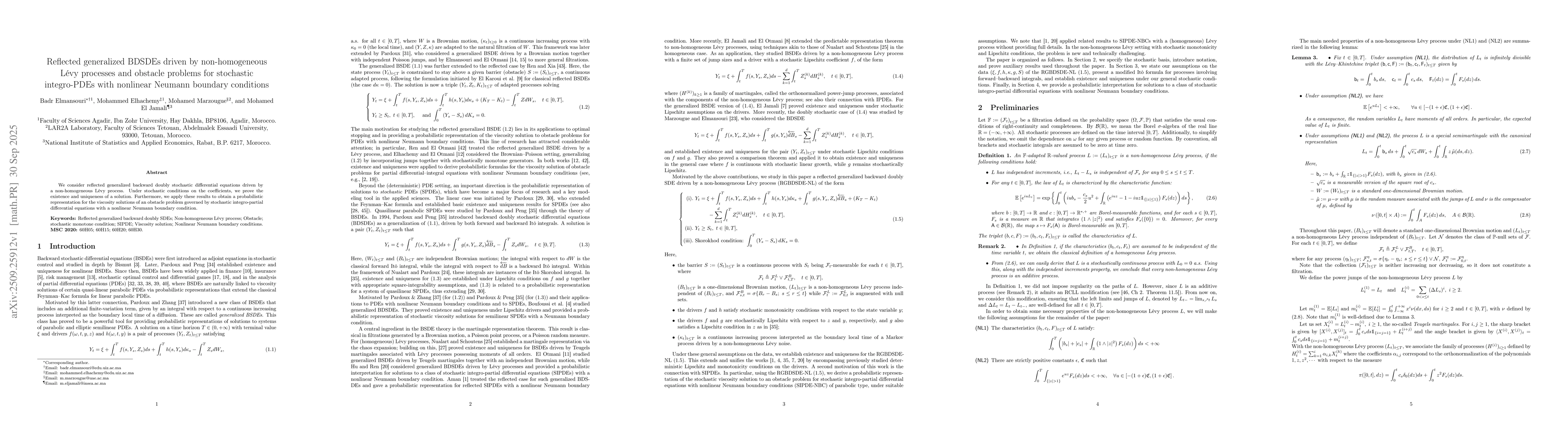 Thumbnail for Reflected generalized BDSDEs driven by non-homogeneous Lévy processes
  and obstacle problems for stochastic integro-PDEs with nonlinear Neumann
  boundary conditions