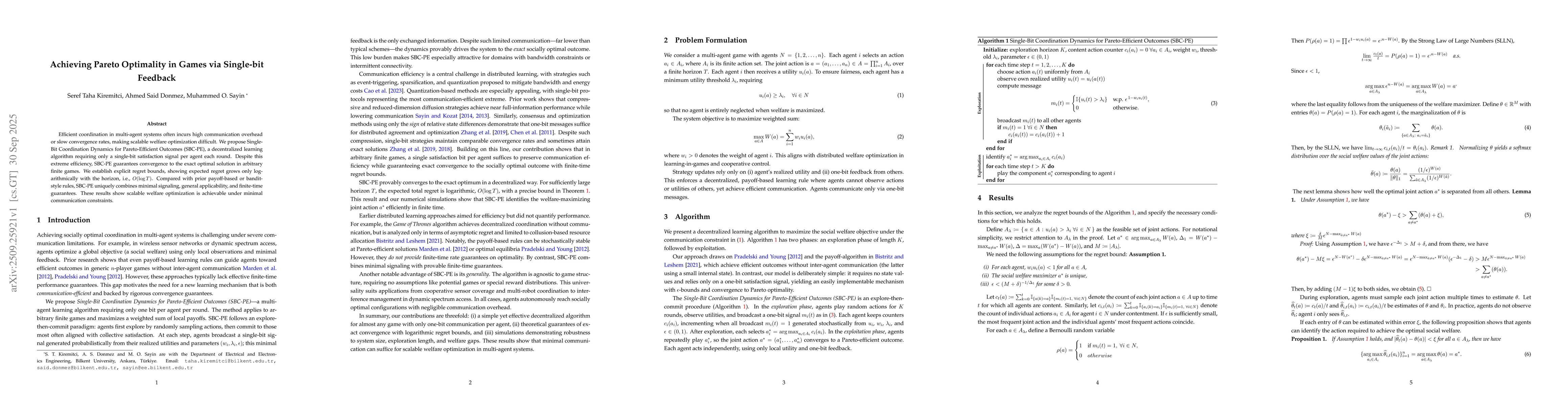 Thumbnail for Achieving Pareto Optimality in Games via Single-bit Feedback