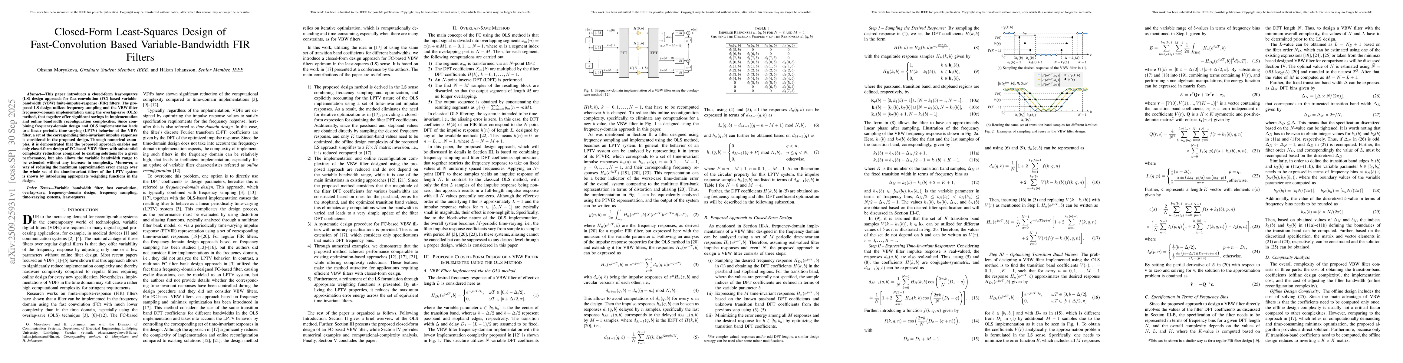 Thumbnail for Closed-Form Least-Squares Design of Fast-Convolution Based
  Variable-Bandwidth FIR Filters