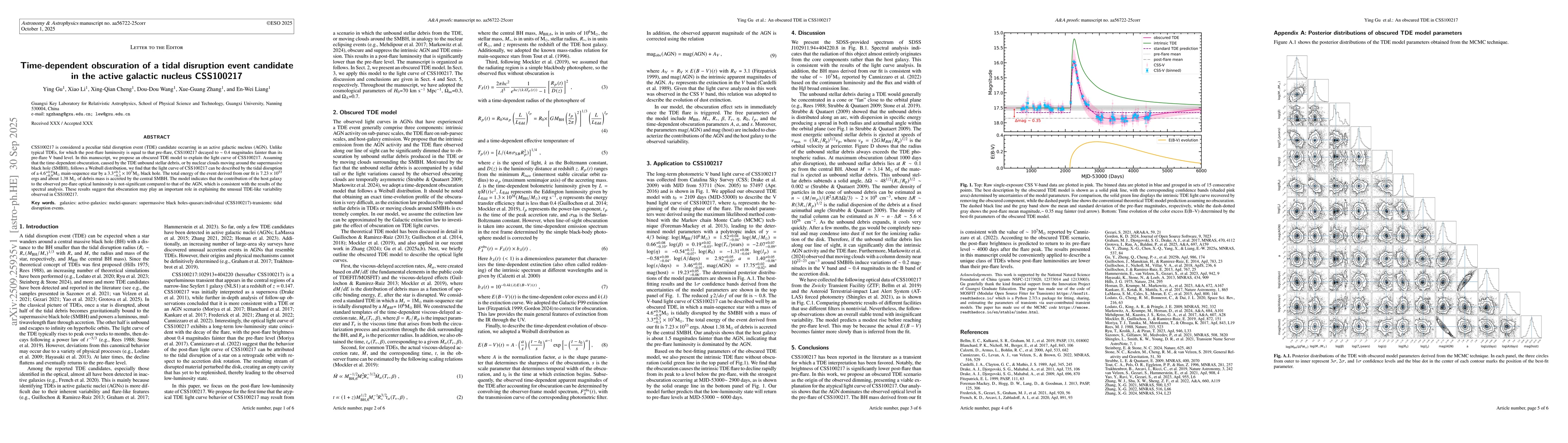Thumbnail for Time-Dependent obscuration of a tidal disruption event candidate in the
  active galactic nucleus CSS100217