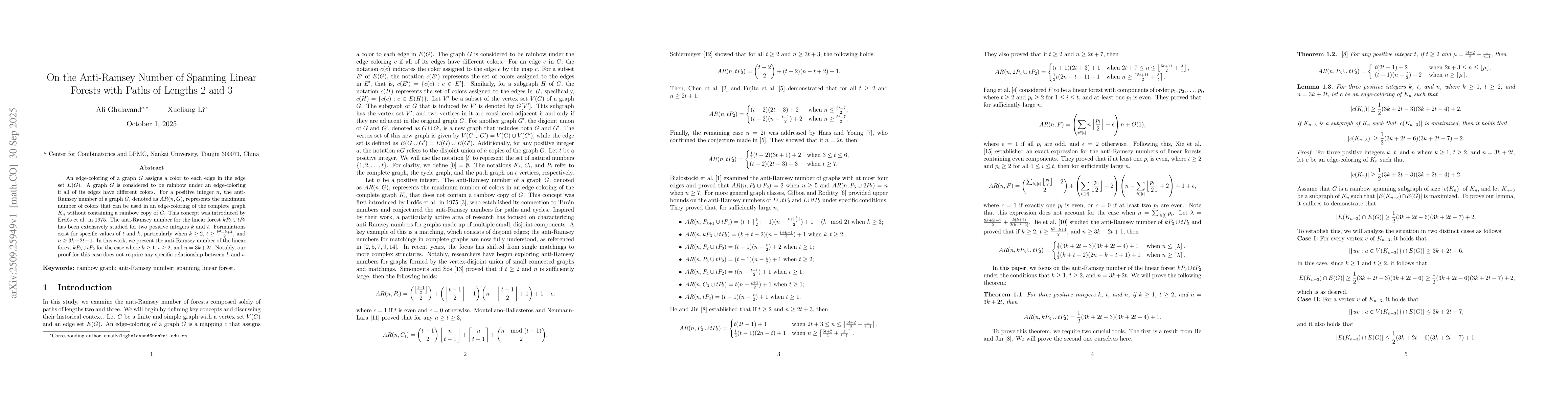 Thumbnail for On the Anti-Ramsey Number of Spanning Linear Forests with Paths of
  Lengths 2 and 3