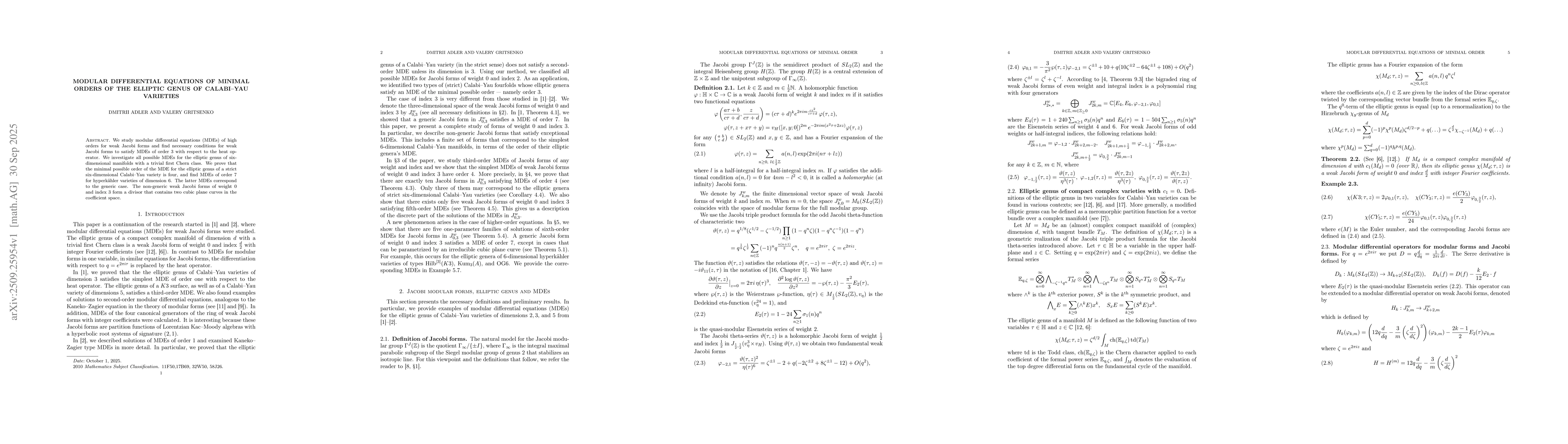 Thumbnail for Modular differential equations of minimal orders of the elliptic genus
  of Calabi--Yau varieties