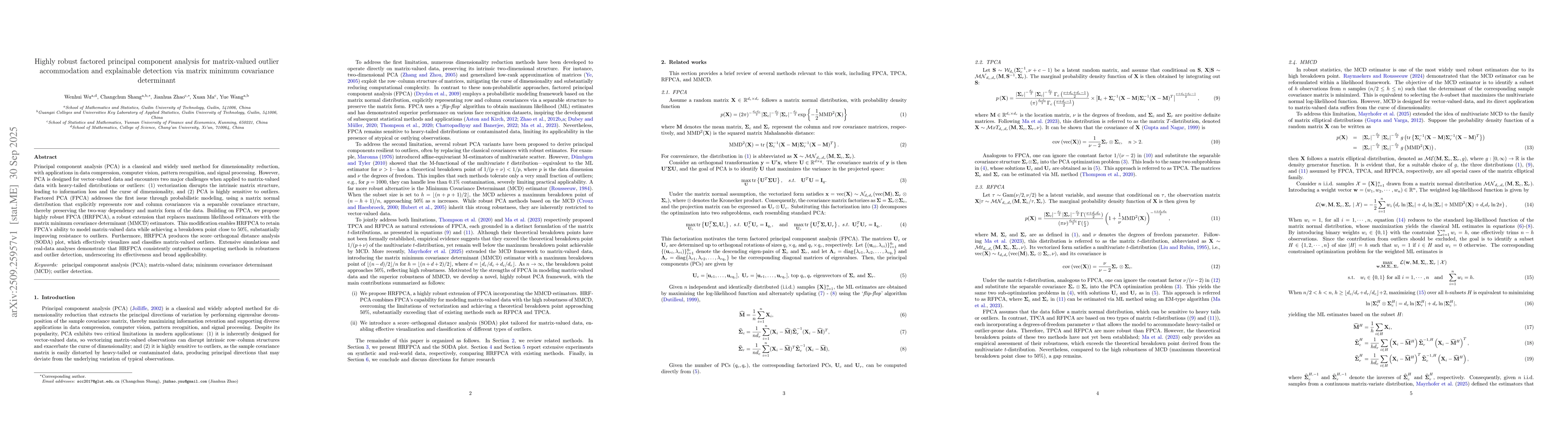 Thumbnail for Highly robust factored principal component analysis for matrix-valued
  outlier accommodation and explainable detection via matrix minimum covariance
  determinant