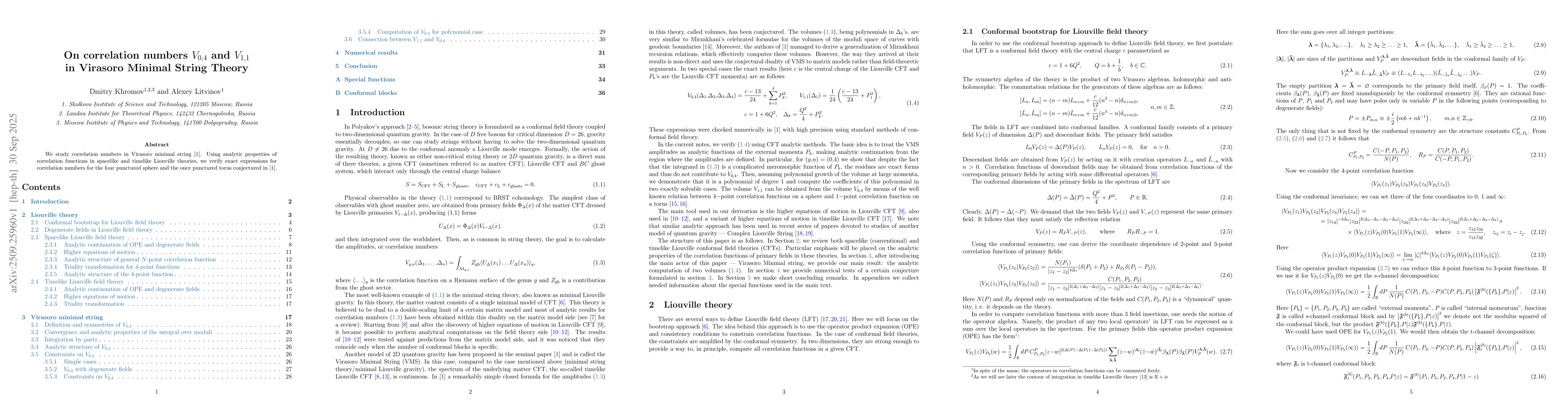 Thumbnail for On correlation numbers $V_{0,4}$ and $V_{1,1}$ in Virasoro Minimal
  String Theory