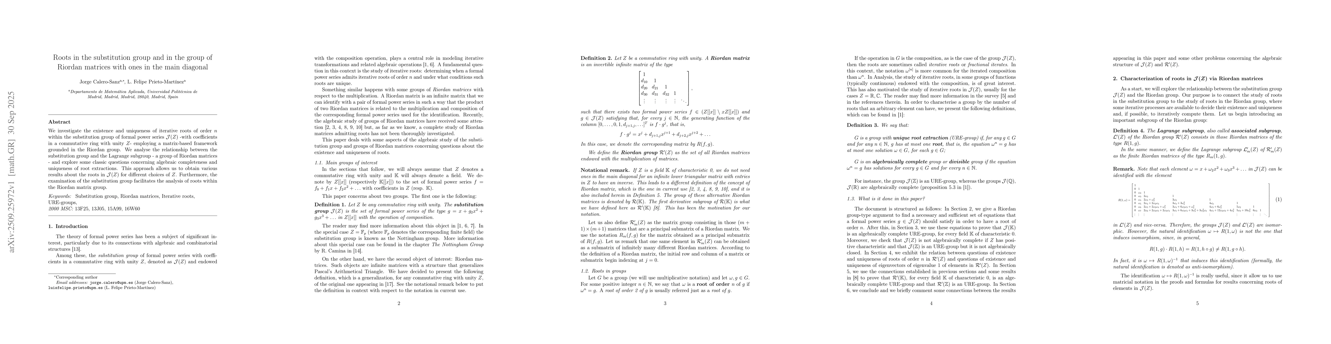 Thumbnail for Roots in the substitution group and in the group of Riordan matrices
  with ones in the main diagonal