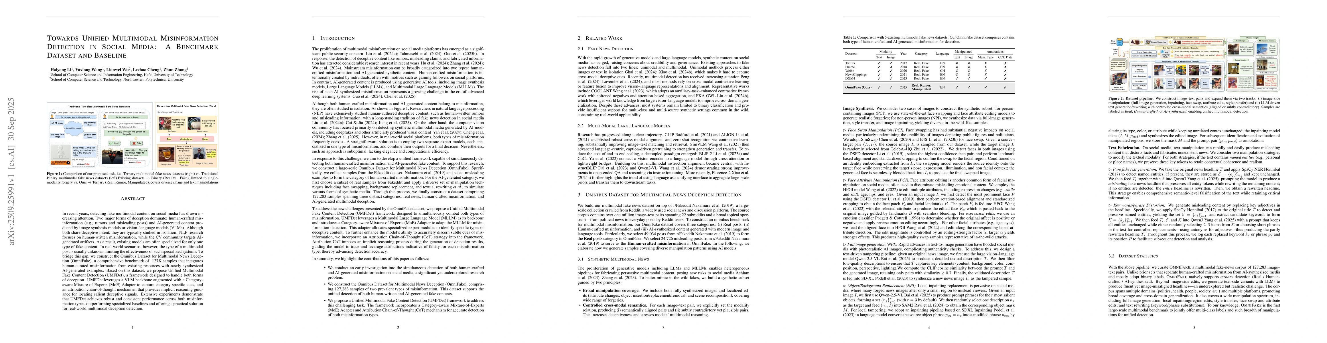 Thumbnail for Towards Unified Multimodal Misinformation Detection in Social Media: A
  Benchmark Dataset and Baseline