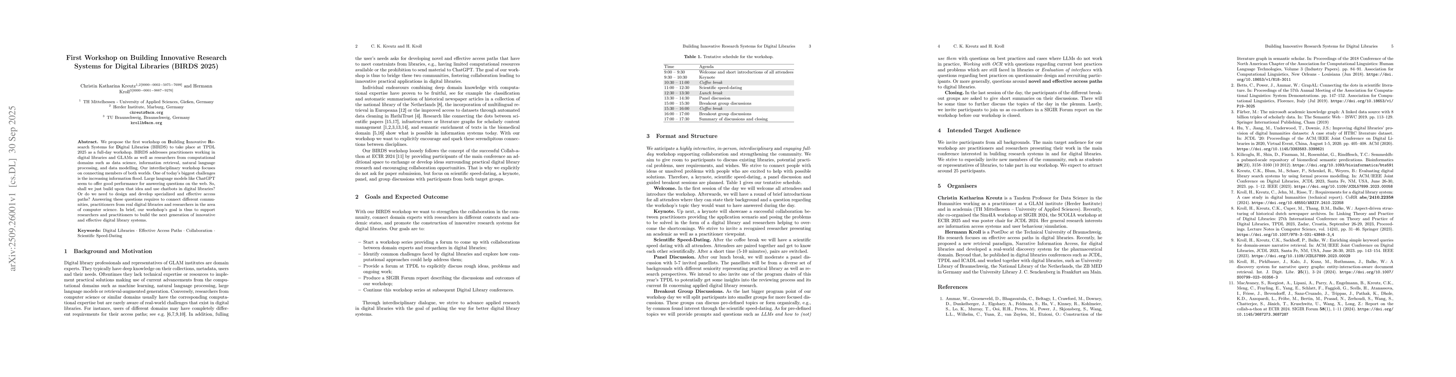 Thumbnail for First Workshop on Building Innovative Research Systems for Digital
  Libraries (BIRDS 2025)
