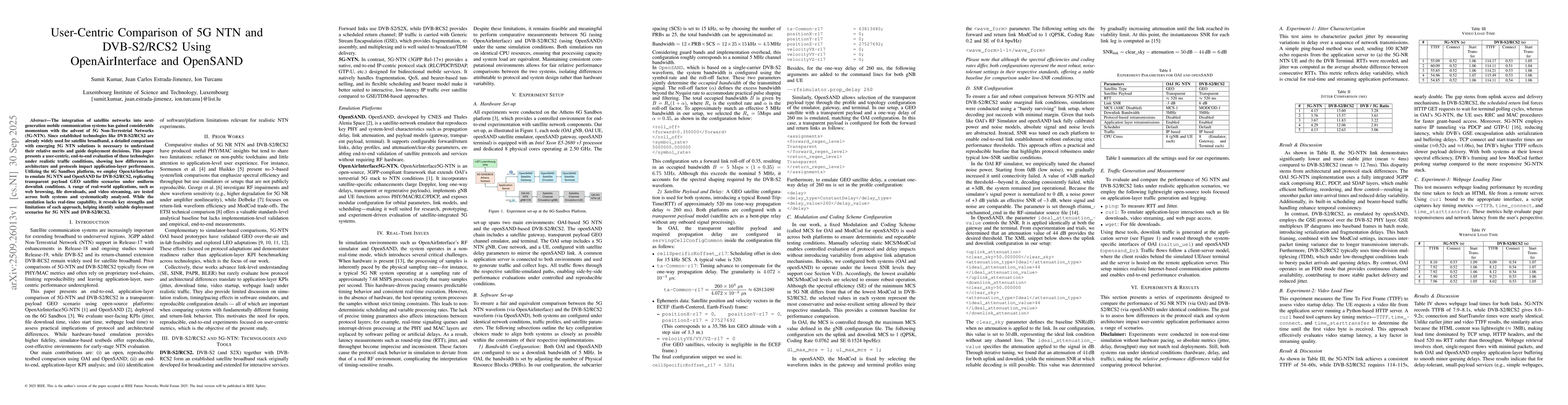 Thumbnail for User-Centric Comparison of 5G NTN and DVB-S2/RCS2 Using OpenAirInterface
  and OpenSAND
