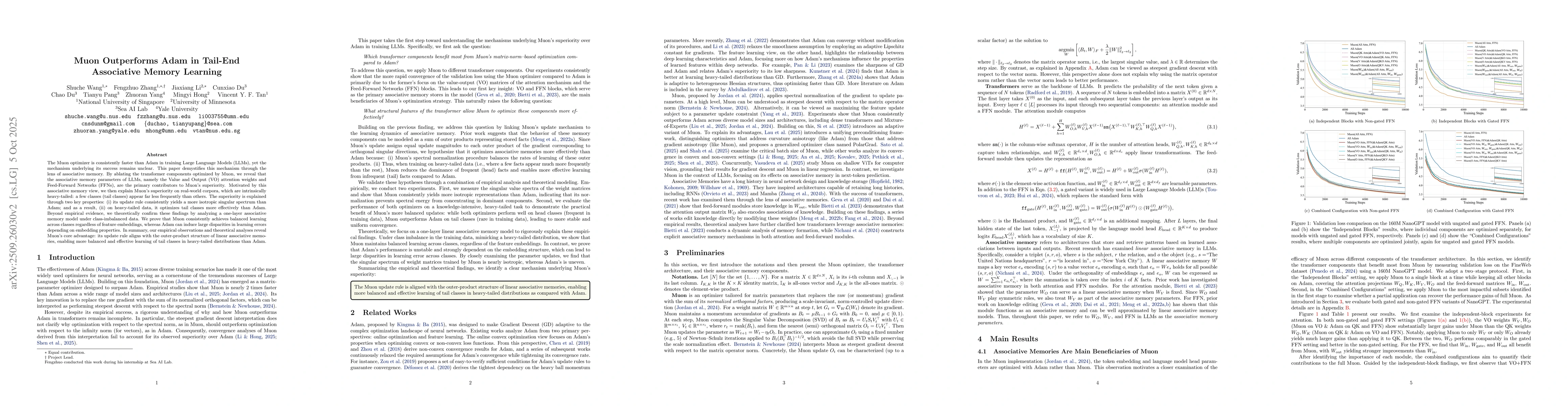 Thumbnail for Muon Outperforms Adam in Tail-End Associative Memory Learning