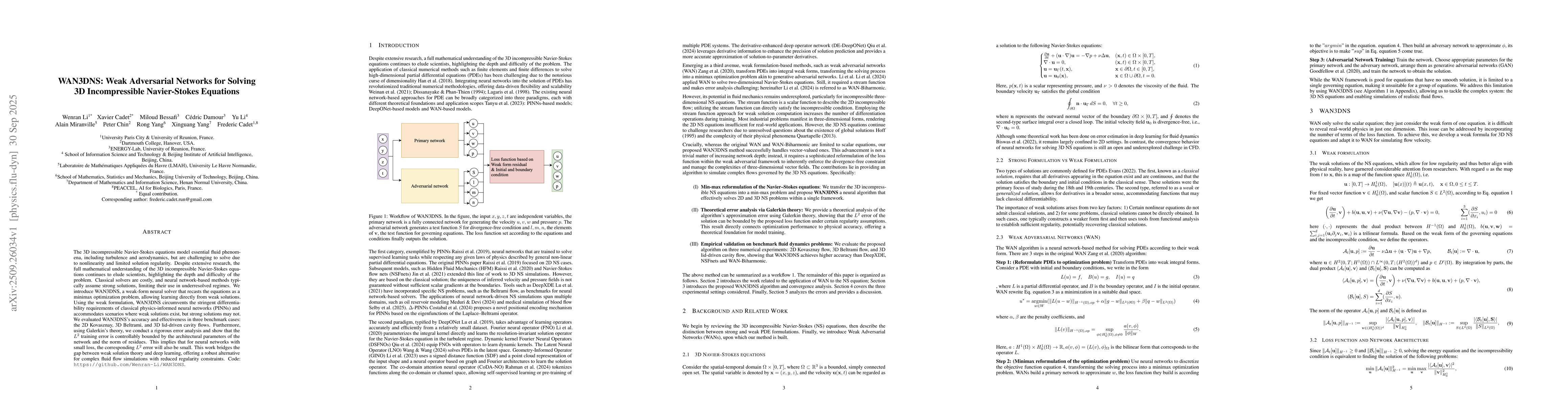 Thumbnail for WAN3DNS: Weak Adversarial Networks for Solving 3D Incompressible
  Navier-Stokes Equations