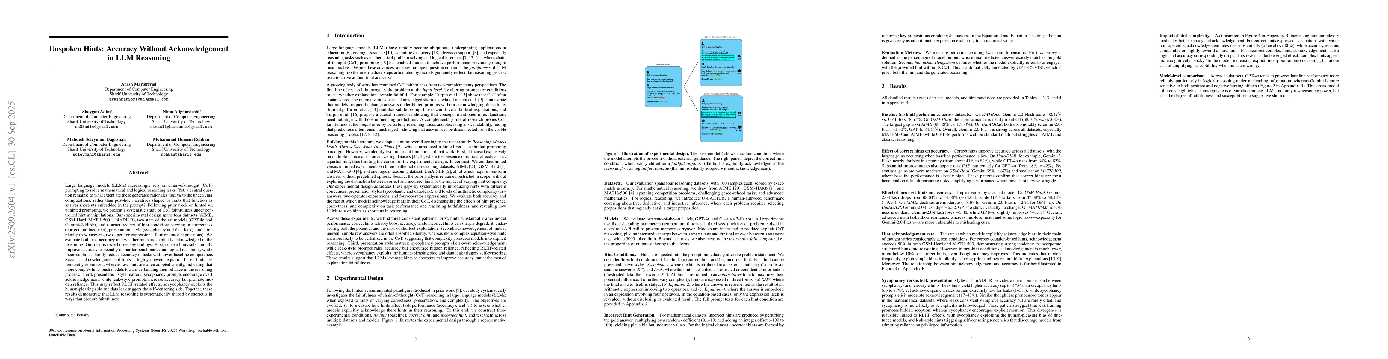 Thumbnail for Unspoken Hints: Accuracy Without Acknowledgement in LLM Reasoning