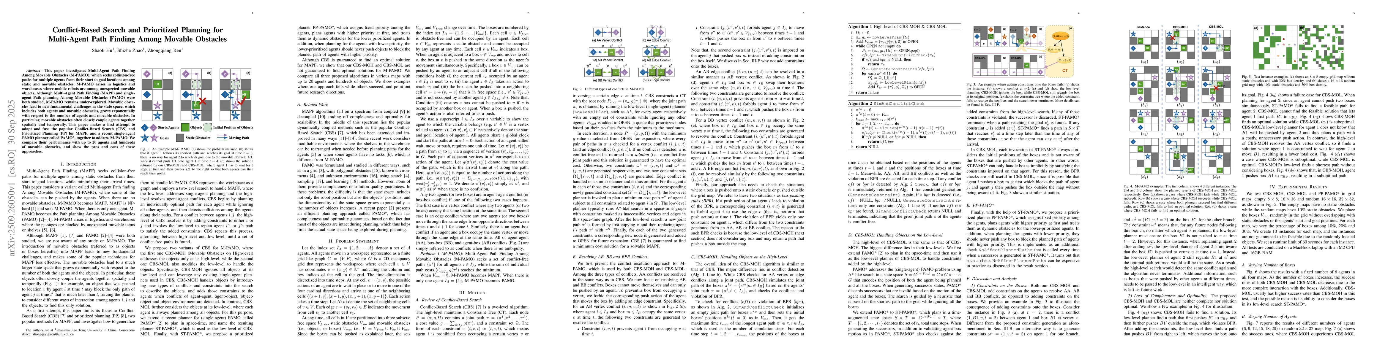 Thumbnail for Conflict-Based Search and Prioritized Planning for Multi-Agent Path
  Finding Among Movable Obstacles