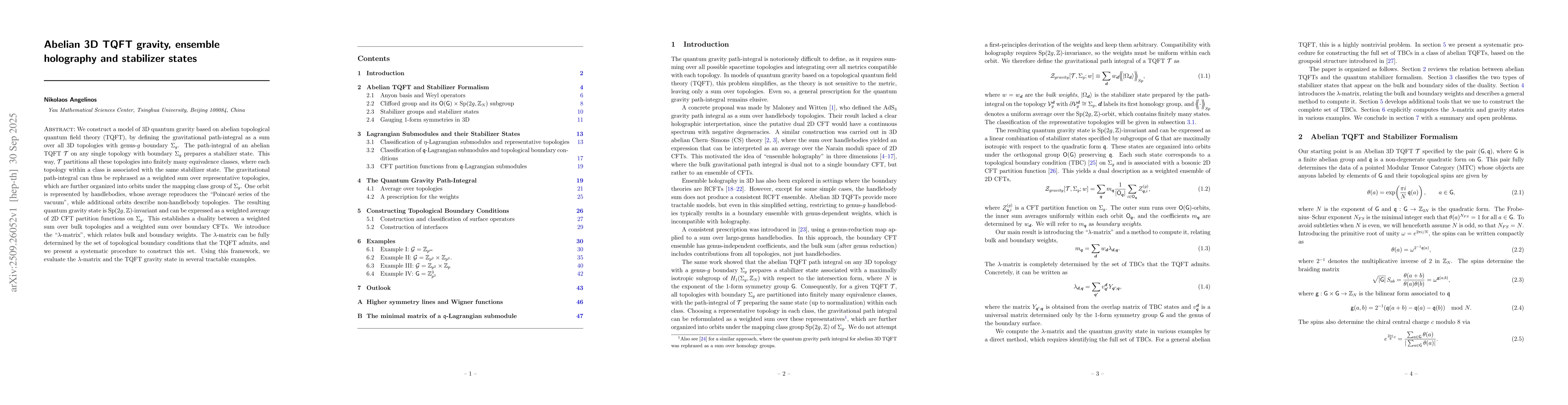 Thumbnail for Abelian 3D TQFT gravity, ensemble holography and stabilizer states
