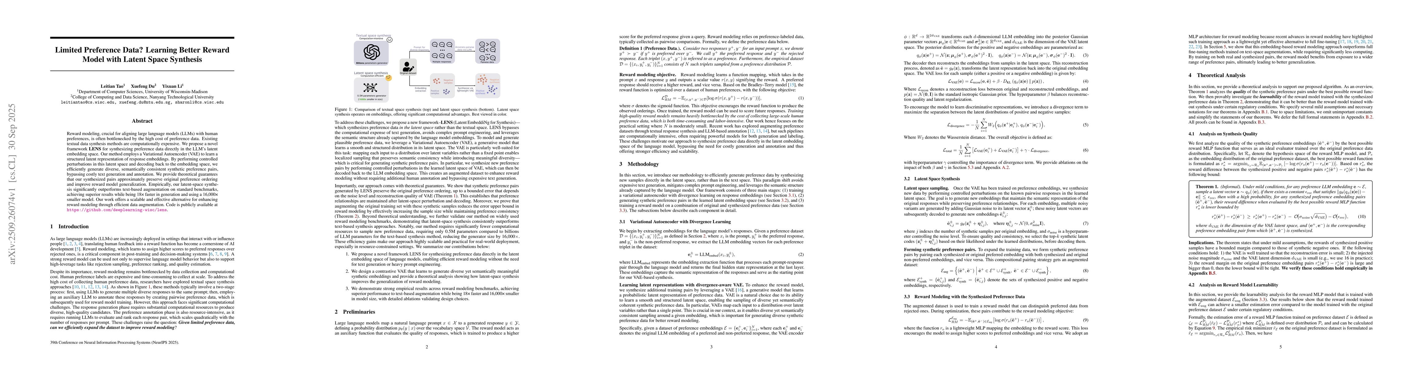 Thumbnail for Limited Preference Data? Learning Better Reward Model with Latent Space
  Synthesis