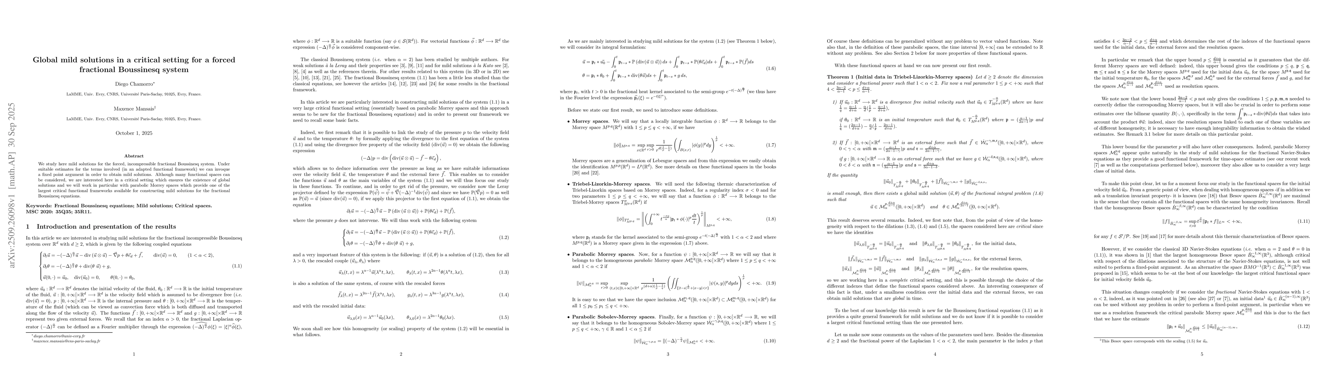 Thumbnail for Global mild solutions in a critical setting for a forced fractional
  Boussinesq system