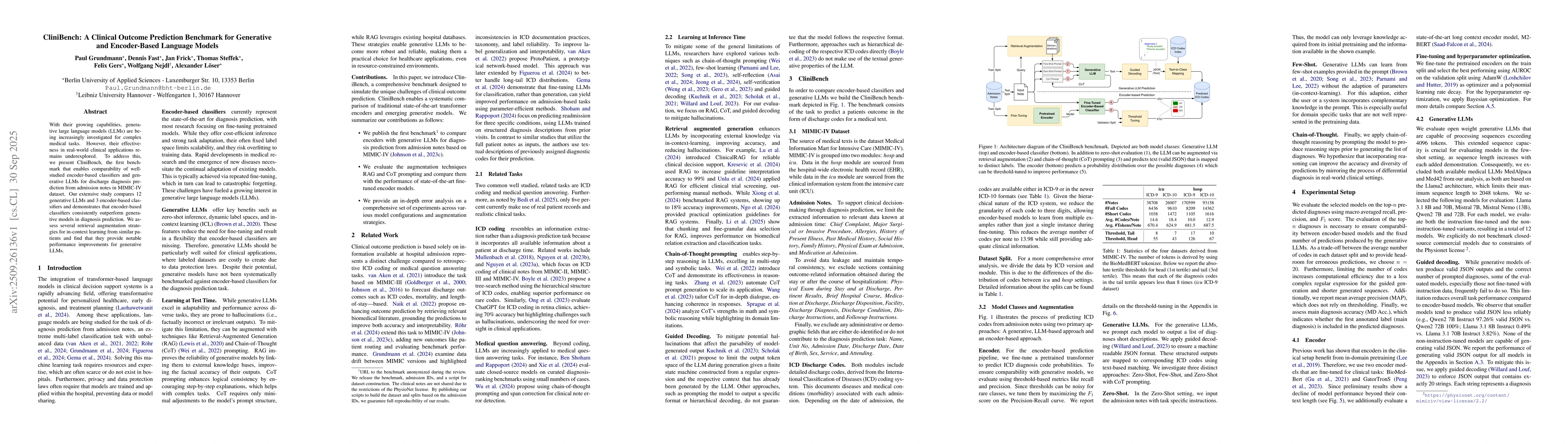 Thumbnail for CliniBench: A Clinical Outcome Prediction Benchmark for Generative and
  Encoder-Based Language Models