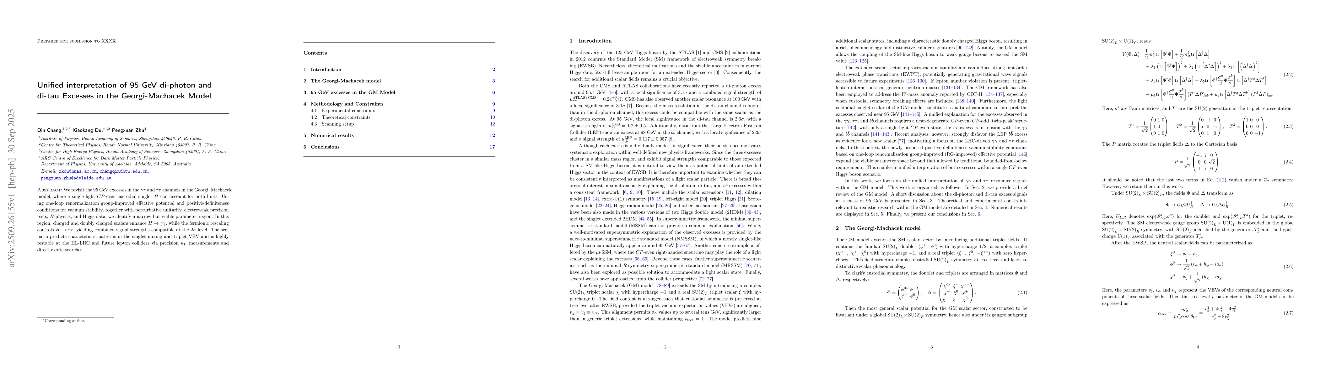 Thumbnail for Unified interpretation of 95 GeV di-photon and di-tau Excesses in the
  Georgi-Machacek Model