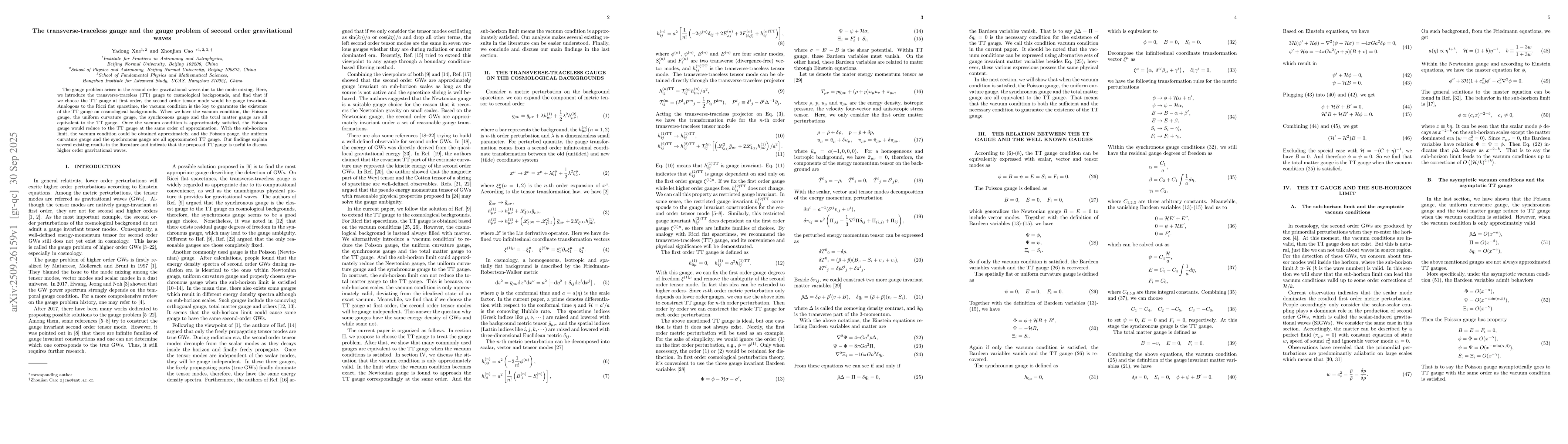 Thumbnail for The transverse-traceless gauge and the gauge problem of second order
  gravitational waves