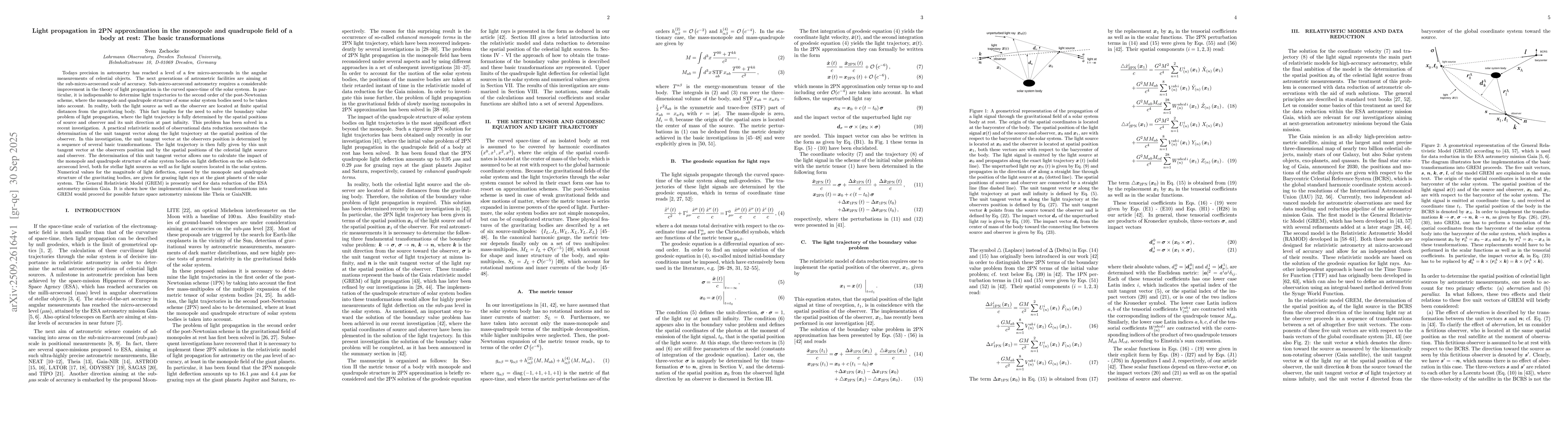 Thumbnail for Light propagation in 2PN approximation in the monopole and quadrupole
  field of a body at rest: The basic transformations
