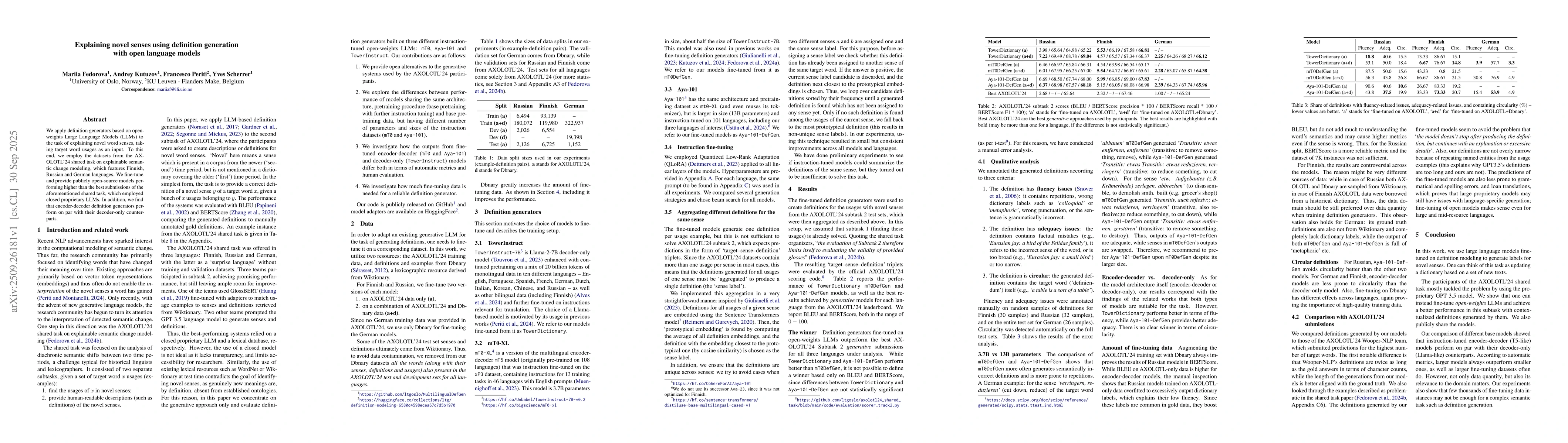 Thumbnail for Explaining novel senses using definition generation with open language
  models