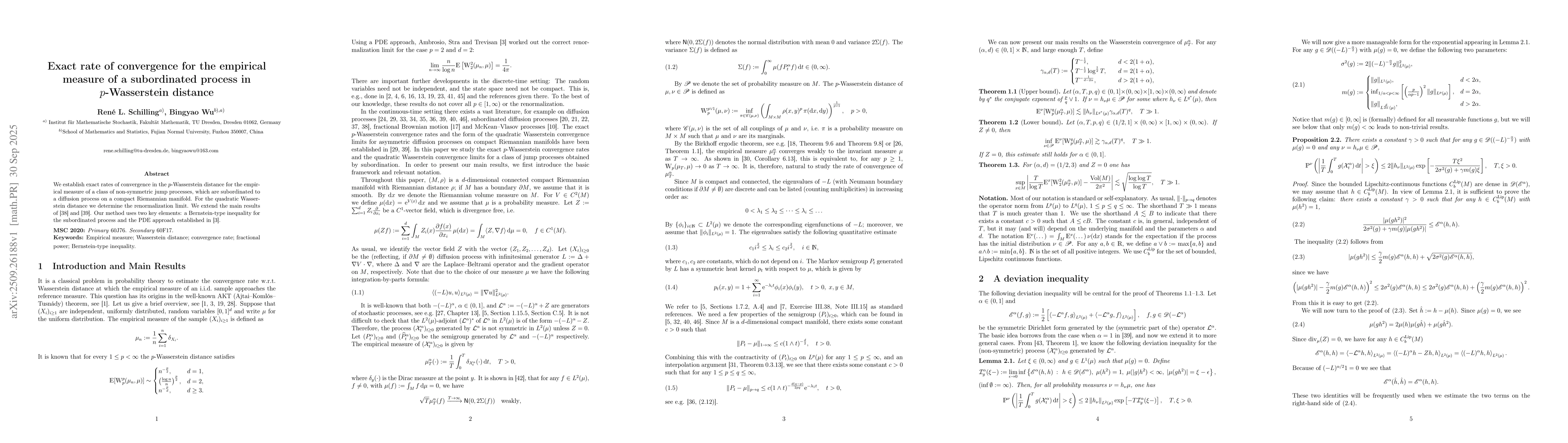 Thumbnail for Exact rate of convergence for the empirical measure of a subordinated
  process in $p$-Wasserstein distance