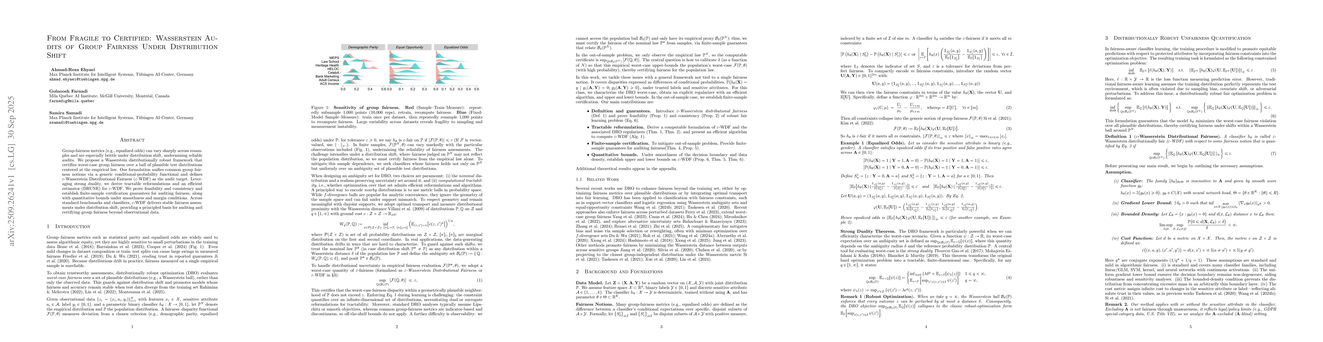 Thumbnail for From Fragile to Certified: Wasserstein Audits of Group Fairness Under
  Distribution Shift
