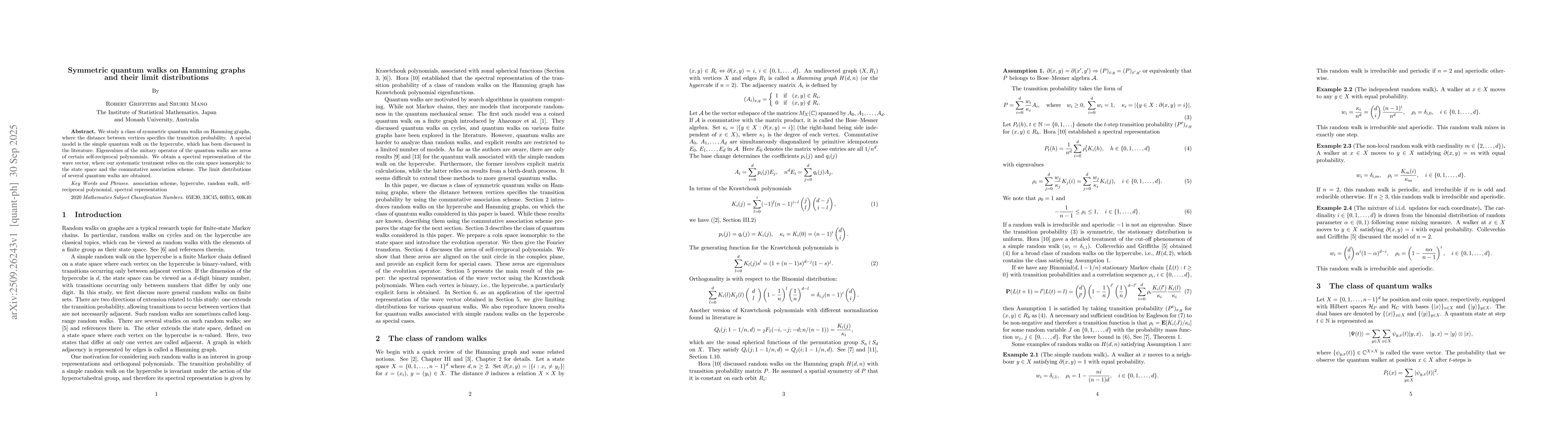 Thumbnail for Symmetric quantum walks on Hamming graphs and their limit distributions