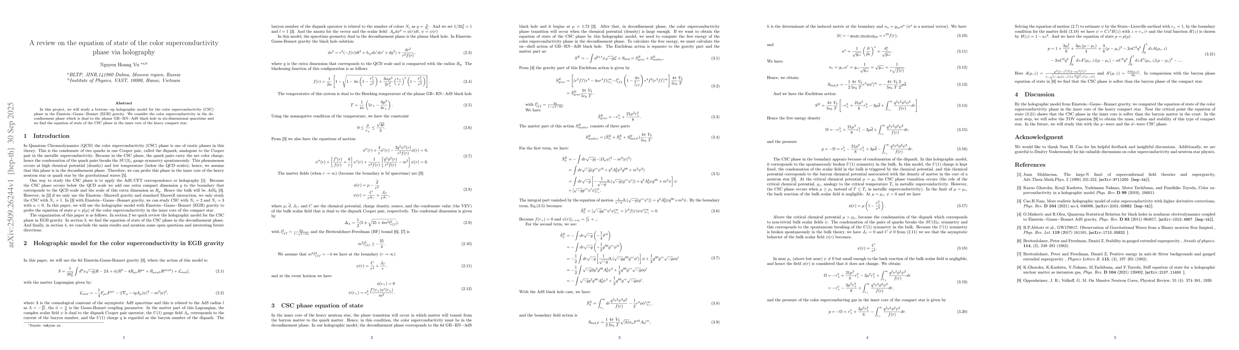 Thumbnail for A review on the equation of state of color superconductivity via
  holography