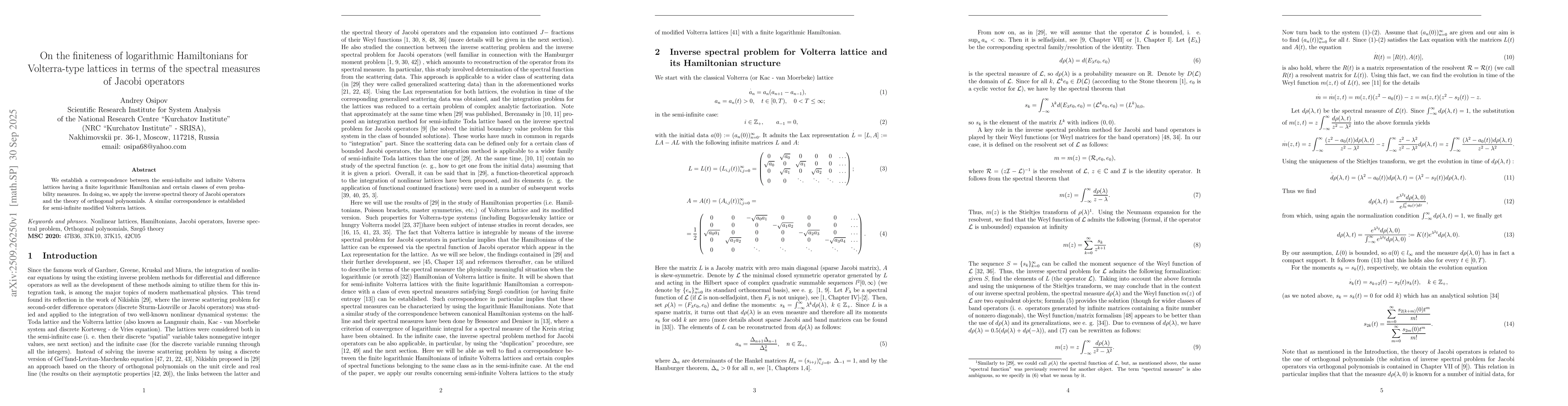 Thumbnail for On the finiteness of logarithmic Hamiltonians for Volterra-type lattices
  in terms of the spectral measures of Jacobi operators