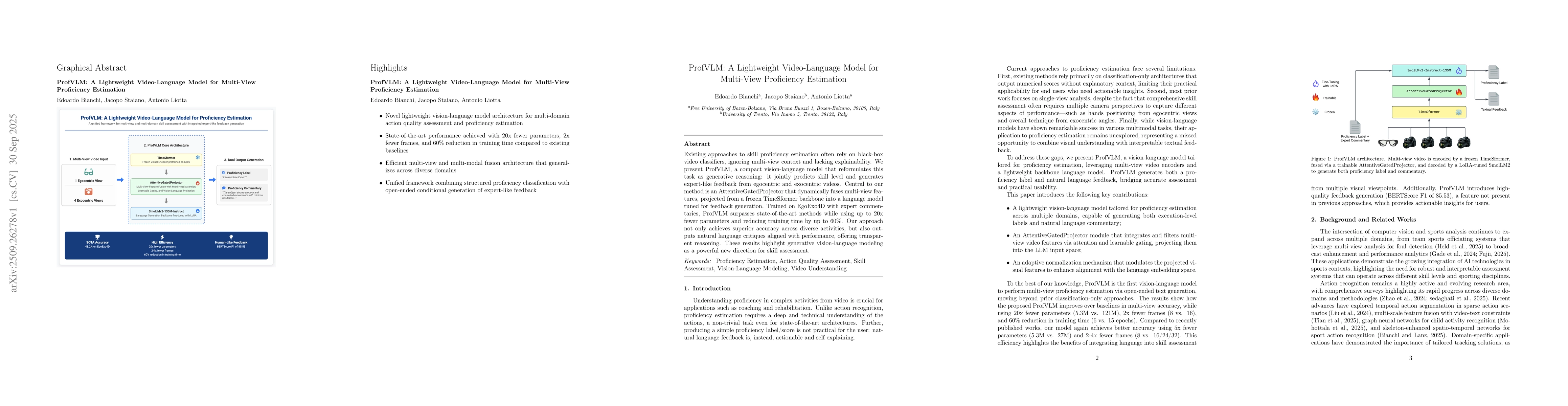 Thumbnail for ProfVLM: A Lightweight Video-Language Model for Multi-View Proficiency
  Estimation
