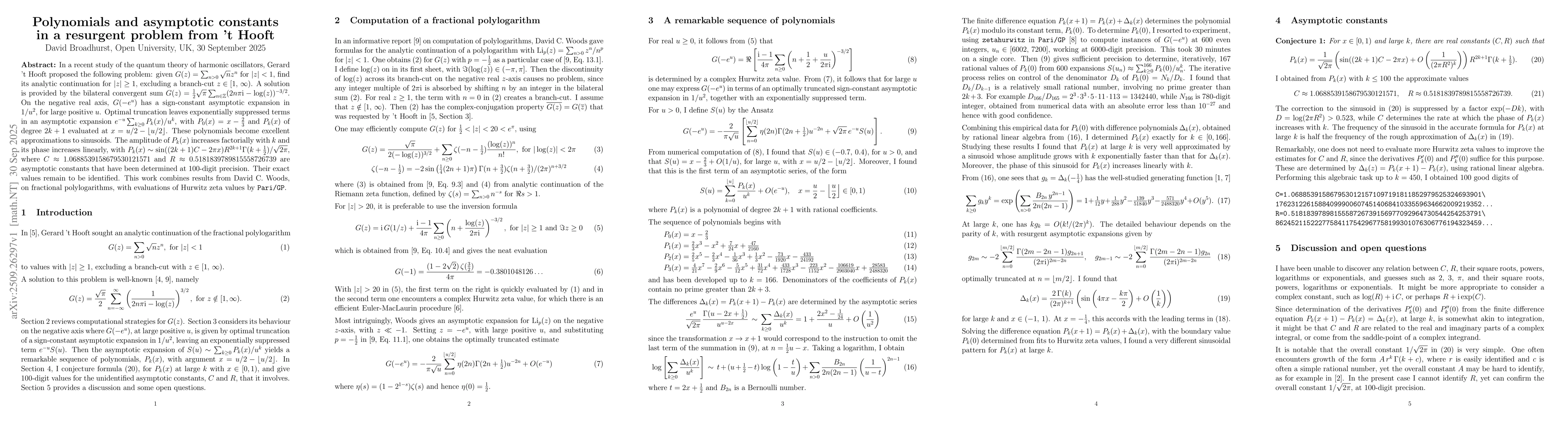 Thumbnail for Polynomials and asymptotic constants in a resurgent problem from 't
  Hooft