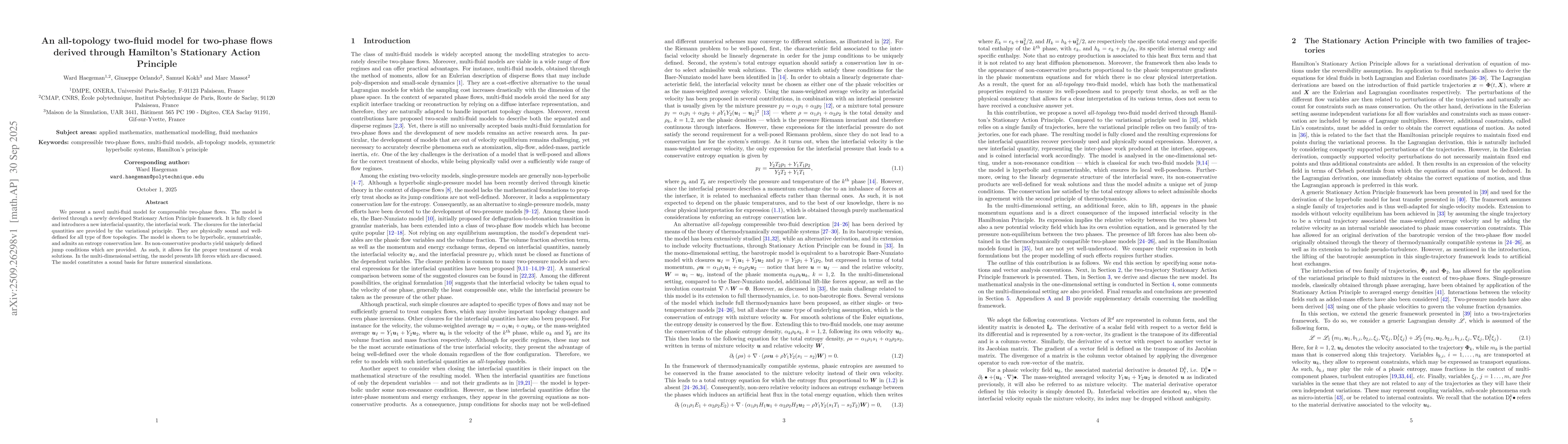 Thumbnail for An all-topology two-fluid model for two-phase flows derived through
  Hamilton's Stationary Action Principle
